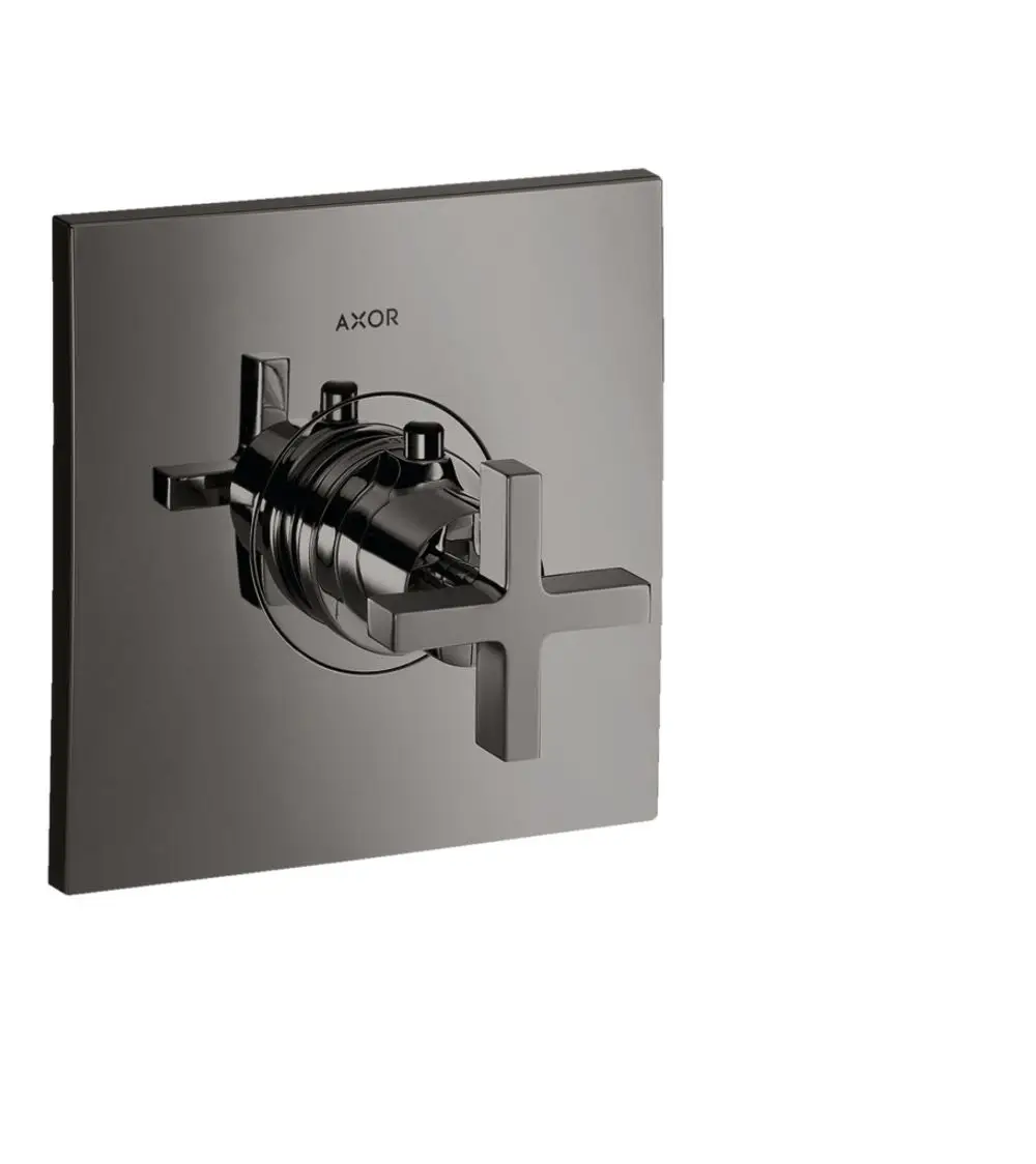 Thermostat zur Unterputzmontage von AXOR mit kreuzförmigem Griff in poliertem Schwarzchrom. Design mit einer quadratischen Platte und einem runden Regler.